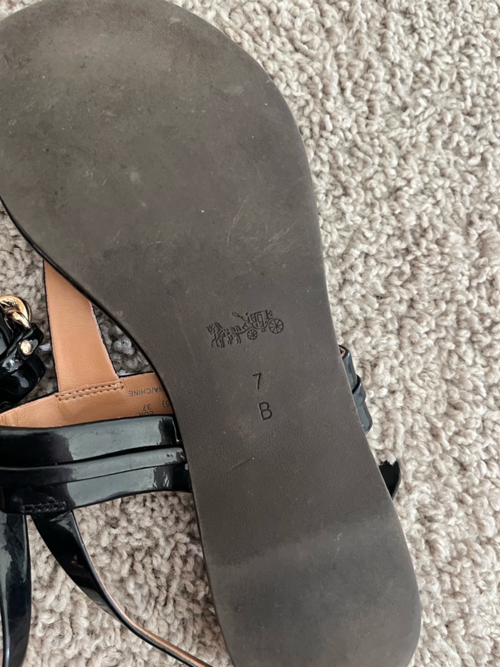 Coach Black Patent Thong Sandals with Gold Hardware - Picture 5 of 5